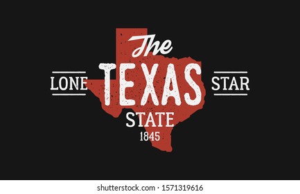 The Lone Star State. Texas vintage typography. Texas map with stamp effect isolated on black background. Texas print for t-shirt, typography. Vector illustration