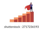 A lone superhero stands on a set of rising orange steps with cape flowing