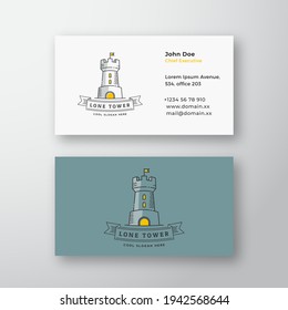 Lone Tower Abstract Modern Vector Logo and Business Card Template. Stronghold with a Flag and Typography Banner. Premium Stationary Realistic Mock Up. Isolated.