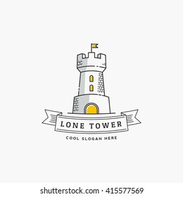 Lone Tower Abstract Vector Sign, Icon, Label or Logo Template in Line Style. Stronghold with a Flag and Typography Banner. Isolated.