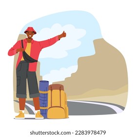 Lone Traveler Character With Backpack, Standing By The Road With A Thumb Up In The Air, Hoping For A Ride. Concept of Spontaneity, Wanderlust And Travel Exploration. Cartoon People Vector Illustration