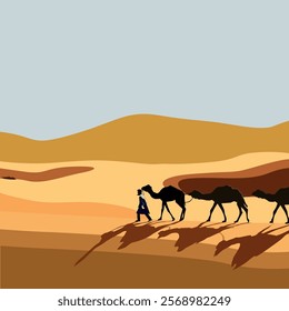 A lone traveler leads a caravan of camels across a vast, sandy desert. The setting sun casts long shadows, creating a dramatic and atmospheric scene