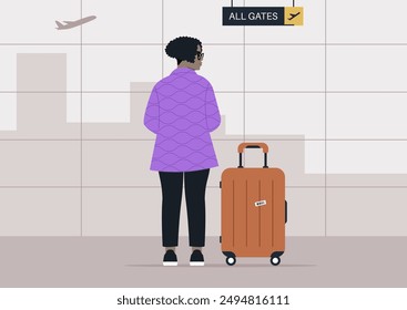 A lone traveler stands with their luggage, facing away from the camera, waiting patiently at an airport gate, An airplane flies overhead, signaling the imminent start of their journey