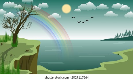 a lone tree, among stones and grass, stands on a cliff against the background of the bay, the coast with a coniferous forest, the sky with a rainbow, sun, clouds, silhouettes of flying birds. vector 