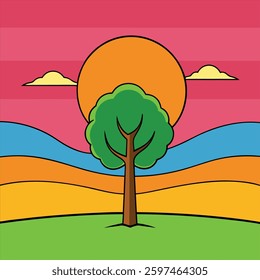 lone tree with colorful sunset and sunrise, vector art illustration