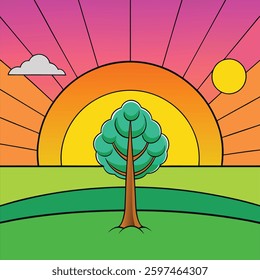 lone tree with colorful sunset and sunrise, vector art illustration
