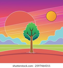 lone tree with colorful sunset and sunrise, vector art illustration