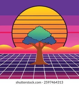 lone tree with colorful sunset and sunrise, vector art illustration