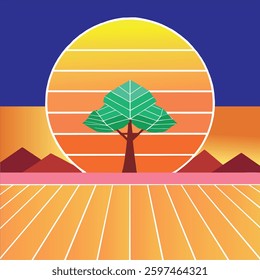 lone tree with colorful sunset and sunrise, vector art illustration