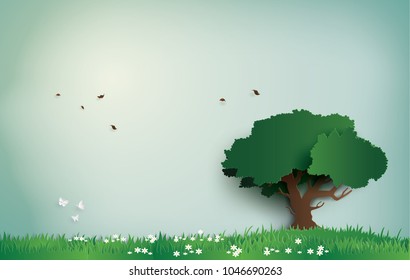 a lone tree in a field on a clear day. paper art and digital craft style.