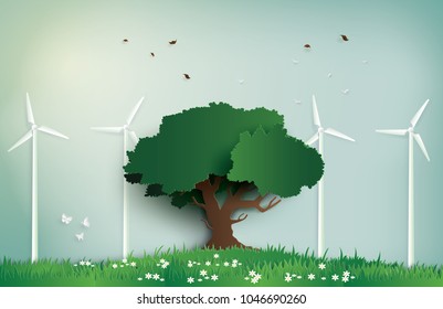 a lone tree in a field with windmills. Paper art and digital craft style.