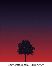 lone tree and glowing night sky full of stars vector illustration. 