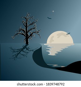 A lone tree on top of a cliff. Bats in the night sky.