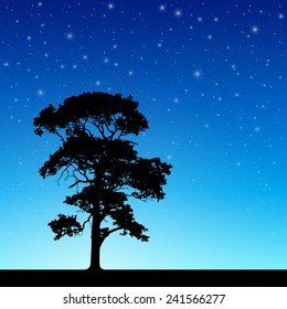 Lone Tree in Silhouette with Night Sky and Stars - Vector EPS 10
