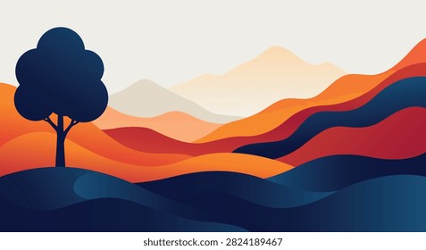 Lone Tree Silhouette over Colorful Layered Hills at Sunset Illustration