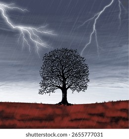 Un árbol solitario bajo una fuerte lluvia y un rayo en un cielo oscuro y tormentoso. Escena de Clima dramático que muestra el poder y la soledad de la naturaleza. Perfecto para el sentimiento, la naturaleza y el Clima.
