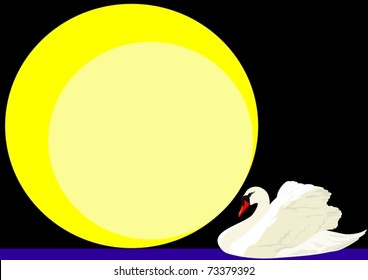 A lone white swan in the background of the moon and the night sky