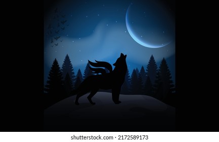 Lone Wolf in a Forest Under the Full Moon at blue night