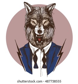 Lone wolf growling in a tuxedo with unleashed a bow tie. Vector hand drawn fashion portrait animal. Unusual illustration for your design.