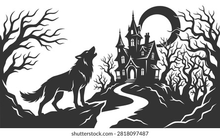 Lone wolf howling at a large crescent moon with a spooky haunted house