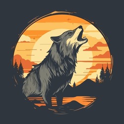 A Lone Wolf Howling At The Moon Against The Backdrop Of A Forest And Sunset. For Your Sticker Or Logo Design