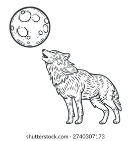 A lone wolf howling on a moon, halloween werewolf, engraving isolated