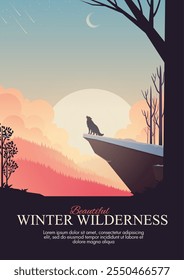 A lone wolf howling on a snowy cliff at sunset, surrounded by vibrant winter skies. Perfect for wildlife, adventure, or mystical themes.