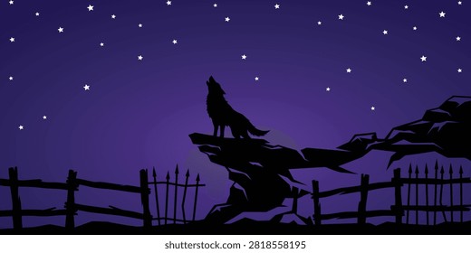 Lone wolf howling at stars on rocky outcrop silhouette with silhouette, wildlife