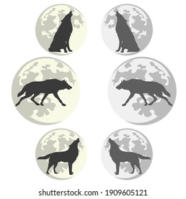 lone wolf silhouette against full moon disk - vector outline set of running, sitting and standing howling animal in color and monochrome