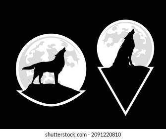 lone wolf silhouette against full moon disk - black and white vector outline set of howling animal
