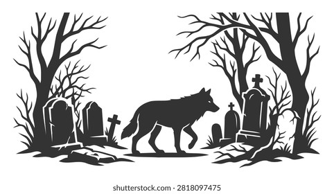 Lone wolf silhouette walking in a haunted forest with old stone gravestones