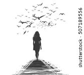 A lone woman walks away, the birds circling over her head
