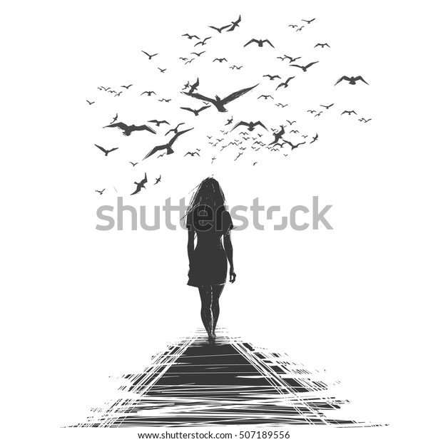 A\
lone woman walks away, the birds circling over her\
head