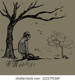 Loneliness. Alone person Illustration Vector Drawing Cartoon. 