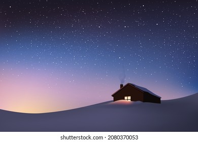 The loneliness and calm of a snowy landscape at dawn, symbolized by an isolated house under a starry sky.