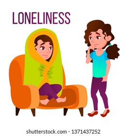 Loneliness Cartoon Vector Poster Template With Text. Girl Alone, Loneliness, Depression, Sadness. Woman Sitting Under Blanket Isolated Clipart. Schizophrenia, Personality Disorder Flat Illustration