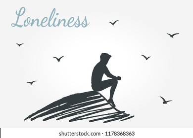 Loneliness concept art sketch. A sad guy in a hood sits alone on a hill, birds fly around. Vector hand drawn illustration.
