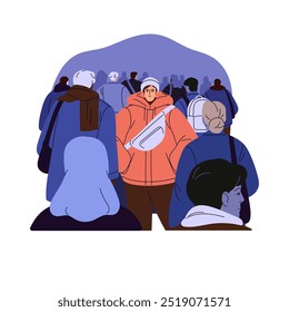 Loneliness concept. Lonely young man walks among people. Depressed person is alone in crowd. Sad guy is in solitude. Psychological disorder. Flat isolated vector illustration on white background