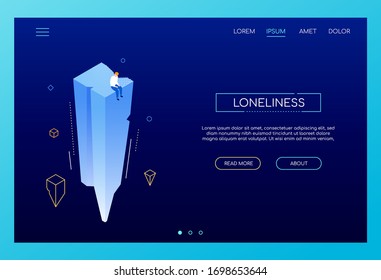 Concepto de soledad - moderno banner web vectorial isométrico sobre fondo azul con espacio de copia para texto. Imagen de un hombre triste sentado solo en una roca. Problema psicológico, temas de frustración