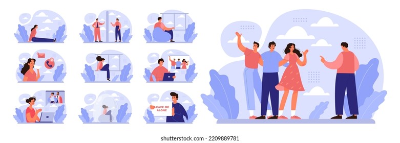 Loneliness concept set. Unhappy person left alone. Character suffering from solitude. Communication problem and self-isolation. Flat vector illustration
