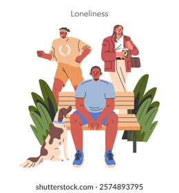 Loneliness concept. A solitary man sitting on a park bench with his dog as transparent outlines of people imply his isolation. Vector illustration.