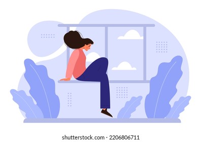 Loneliness concept. Unhappy person left alone. Character suffering from solitude. Communication problem and self-isolation. Flat vector illustration