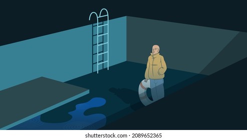 Loneliness And Depression. Elderly Man Stands In An Empty Pool. Full Bald Male Character. Swimming Pool Without Water. Diving Board. Lifebuoy.