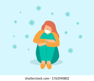 loneliness and depression from social distancing, isolated stay home alone in COVID-19 coronavirus crisis, vector illustration