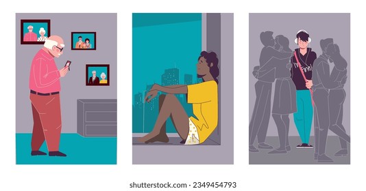 Loneliness flat set with sad woman looking out window lonely single teenager and senior man holding photo of deceased spouse isolated vector illustration