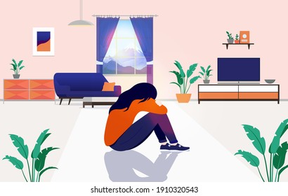 Loneliness At Home - Sad Woman Sitting Alone On Floor, Suffering From Depression And Feeling Lonely. Isolation And Staying Home Unwillingly Concept. Vector Illustration.