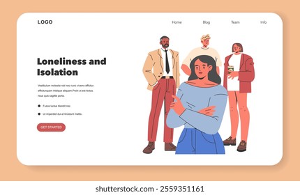 Loneliness and Isolation concept. A woman feels alienated amidst people, capturing the essence of social disconnection. Modern life challenges. Vector illustration.