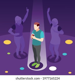 Loneliness isometric colored background with teenager dreaming of dancing with girl at night party vector illustration