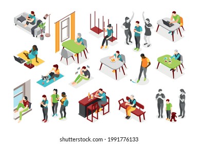 Loneliness isometric icons set of adult persons and children experiencing fear of being alone isolated vector illustration