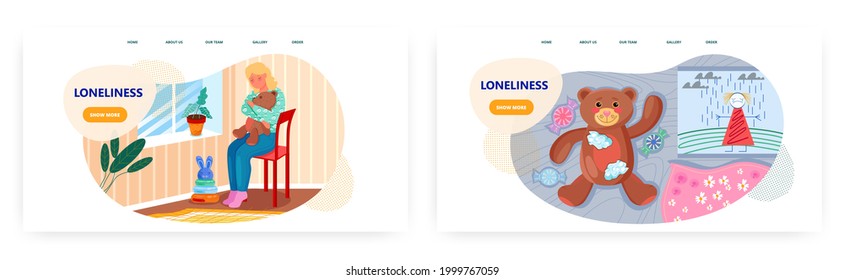 Loneliness landing page design, website banner vector template set. Sad woman sitting alone by window with teddy bear.